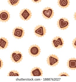 Seamless pattern of chocolates of various shapes with icing for Valentine's Day. Vector flat design isolated on white background.