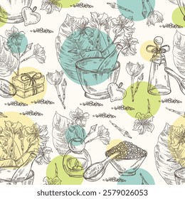 Seamless pattern with chonemorpha macrofylla: chonemorpha macrofylla plant, leaves and chonemorpha macrofylla flowers. Oil, soap and bath salt . Cosmetics and medical plant. Vector hand drawn