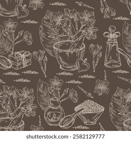 Seamless pattern with chonemorpha macrofylla: chonemorpha macrofylla plant, leaves and chonemorpha macrofylla flowers. Oil, soap and bath salt . Cosmetics and medical plant. Vector hand drawn