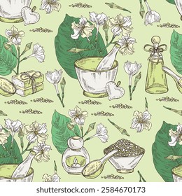 Seamless pattern with chonemorpha macrofylla: chonemorpha macrofylla plant, leaves and chonemorpha macrofylla flowers. Oil, soap and bath salt . Cosmetics and medical plant. Vector hand drawn