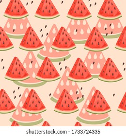 Seamless pattern of chopped slices of watermelon with seeds flat vector illustration on beige background