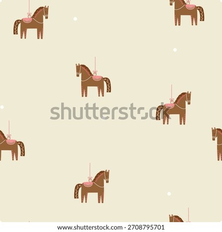 Seamless pattern with chrismas toy, cute horse and snowflake. Christmas vector illustration.