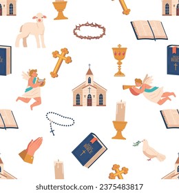 Seamless Pattern with Christian Attributes, Crosses, Beads Dove, Lamb, Angels And Bible. Harmonious Vector Design