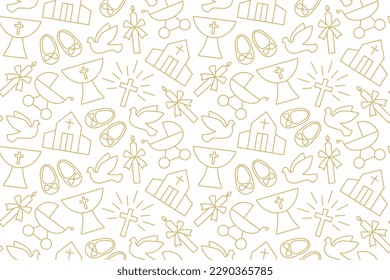 seamless pattern with christian baptism related icons: candle, dove, baby booties, pram, church and baptismal font - vector illustration