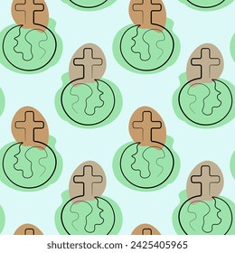 Seamless pattern with Christian Cross and Earth in one line