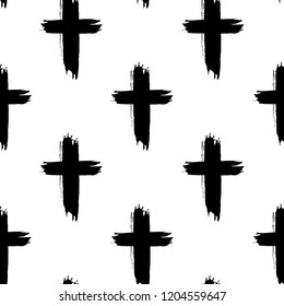 Seamless pattern with Christian crosses on white background. Scary Halloween wallpaper. Rough brush painted vector backdrop. Ink grunge texture. 