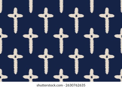 Seamless pattern with Christian crosses on a blue background. Motif ethnic handmade, Ikat ethnic tribal, boho colors seamless wallpaper. Ethnic Ikat abstract background art. Design for textile, fabric