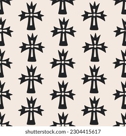 Patrón sin foco con cruces cristianas. Imprimir para textil, papel pintado, cubiertas, superficie. Para tela de moda. Estilización retro. Patrón religioso sin fisuras