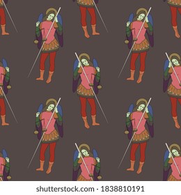 
Seamless pattern with Christian knight angels. Archangel Michael.