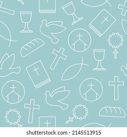 seamless pattern with christian religion icons: bible, cross, dove, bread, fish, chalice, rosary- vector illustration