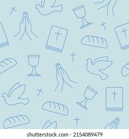 seamless pattern with christian religion icons, holy communion: bible, cross, dove, bread, chalice and praying hands; for wrapping, greeting cards- vector illustration