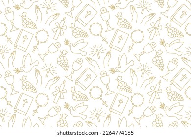 seamless pattern with christian religion icons: holy communion, chalice, grapes, praying hands, candle, dove with olive twig, rosary and bible - vector illustration - Shutterstock ID 2264794165