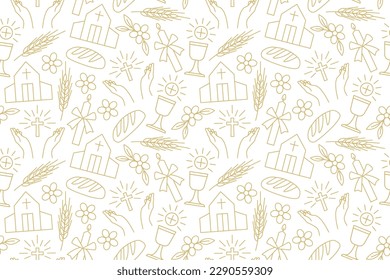 seamless pattern with christian religion icons: holy communion, chalice, bread, ear of wheat, praying hands, candle, church - vector illustration