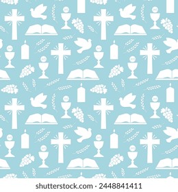 seamless pattern with christian religion icons, holy communion: bible, dove, chalice, candle, wheat ear; great for wrapping, greeting cards, invitations- vector illustration