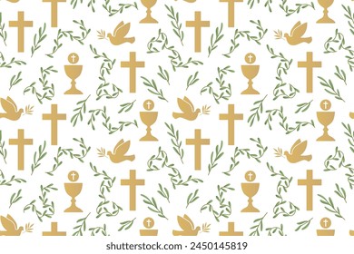 seamless pattern with christian religion icons: dove, chalice and cross; great for wrapping, greeting cards, invitations- vector illustration