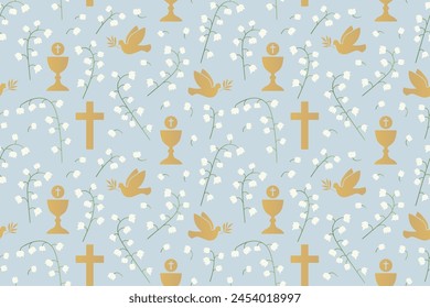 seamless pattern with christian religion icons: dove, chalice and cross and lily of the valley flowers; great for wrapping, greeting cards, invitations- vector illustration