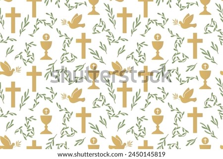 seamless pattern with christian religion icons: dove, chalice and cross; great for wrapping, greeting cards, invitations- vector illustration