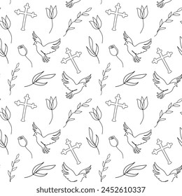 Seamless pattern with Christian symbols. Continuous one line drawing of crosses, doves, floral elements on white background. Concept of Easter, religious, peace. Blak and white