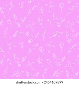 Seamless pattern with Christian symbols. Continuous one line drawing of crosses, doves, floral elements on pink background. Concept of Easter, religious, peace. Wrapping paper, textile, print