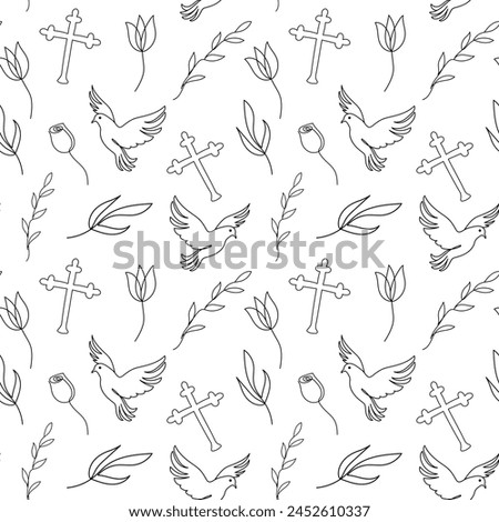 Seamless pattern with Christian symbols. Continuous one line drawing of crosses, doves, floral elements on white background. Concept of Easter, religious, peace. Blak and white