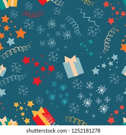 Seamless pattern with christmas accessories on a blue background. Stars, snowflakes, gifts, serpentine. Vector illustration
