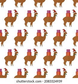 patrón ininterrumpido alpaca de Navidad con regalos y sombrero animal lama sobre fondo blanco papel tapiz de fondo textil giftwrap
