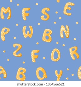 Seamless pattern with Christmas alphabet cookies. Cute gingerbread repeat background on blue in cartoon style. Letter for present, wallpaper, banner, poster. Vector illustration