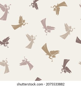 Seamless pattern with Christmas angel on a pastel beige background, vector illustration