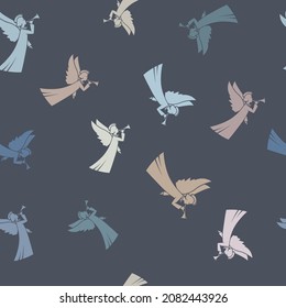 Patrón sin inconvenientes con ángel de Navidad sobre fondo gris, ilustración vectorial