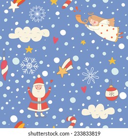 Seamless pattern with a Christmas angel and Santa Claus. EPS 10. No transparency. No gradients.