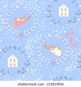 Seamless pattern with Christmas angels and homes. EPS 10. No transparency. No gradients.