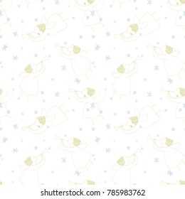 seamless pattern with christmas angels playing music, beautiful snowflakes