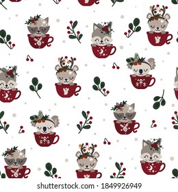 seamless pattern with christmas animals in a cups on a white background - vector illustration, eps