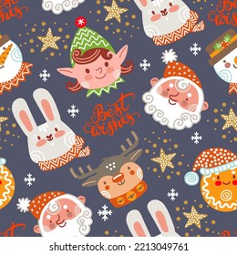 Seamless pattern christmas animals heads, Santa, elf and stars on navy background vector illustration. For print and design , greeting cards, wrapping paper, fabric, porcelain, bed linen, decor