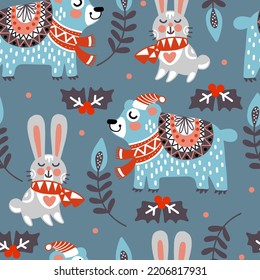 Seamless pattern christmas animals and plants on blue background vector illustration. For print and design of Christmas products, greeting cards, wrapping paper, fabric, porcelain, bed linen, decor
