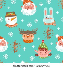 Seamless pattern christmas animals in scarves and snowflakes on turquoise background vector illustration. For print and design , greeting cards, wrapping paper, fabric, porcelain, bed linen, decor