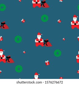 Seamless pattern of christmas artwork kawaii cartoon Santa claus, christmas tree and gift box for wallpaper, background, paper print, card, fabric, kids clothes. Vector design. 