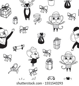 seamless pattern with christmas attributes in doodle style. 
