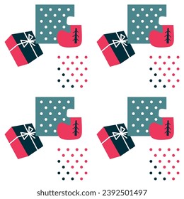 Seamless pattern with Christmas attributes. Flat graphics. Vector simple illustration. Template for printing on textiles, packaging. Abstract New Year background.
