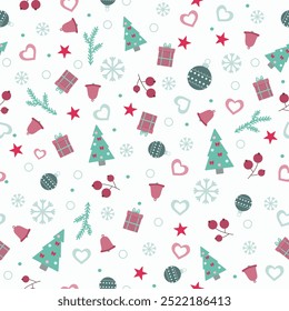 Seamless pattern with christmas attributes isolated on a white background. Hand drawn style. Festive background for paper, cover, textile, different decor.