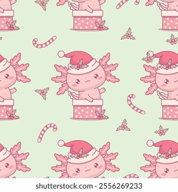 Seamless pattern Christmas Axolotl in Santa hat in gift box on gentle green background with striped caramel. New Year Little cartoon kawaii character backdrop. Vector illustration. Kids collection