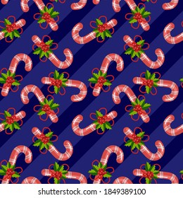 seamless pattern, christmas background, caramel and mistletoe berries, ornament for wallpaper and fabric