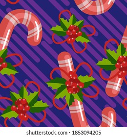 seamless pattern, christmas background, caramel and mistletoe berries, ornament for wallpaper and fabric