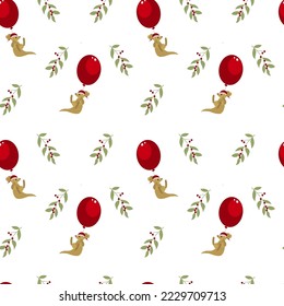 Seamless pattern. Christmas background. Cute kawaii kangaroo with  air balloon.