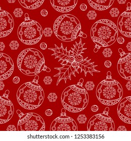 Seamless Pattern. Christmas background hand drawn. White outlines on red. Christmas decoration vector illustration.