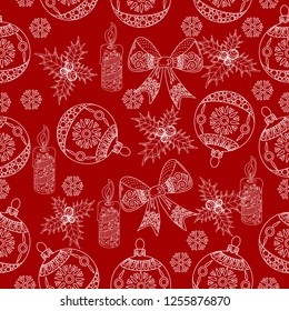 Seamless Pattern. Christmas background hand drawn. White outlines on red. Christmas decoration vector illustration.