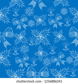Seamless Pattern. Christmas background hand drawn. White outlines on red. Christmas decoration vector illustration.