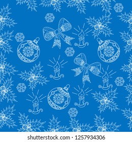 Seamless Pattern. Christmas background hand drawn. White outlines on red. Christmas decoration vector illustration.