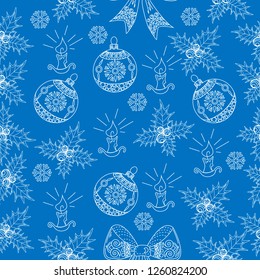 Seamless Pattern. Christmas background hand drawn. White outlines on red. Christmas decoration vector illustration.