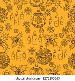 Seamless Pattern. Christmas background hand drawn. White outlines on red. Christmas decoration vector illustration.